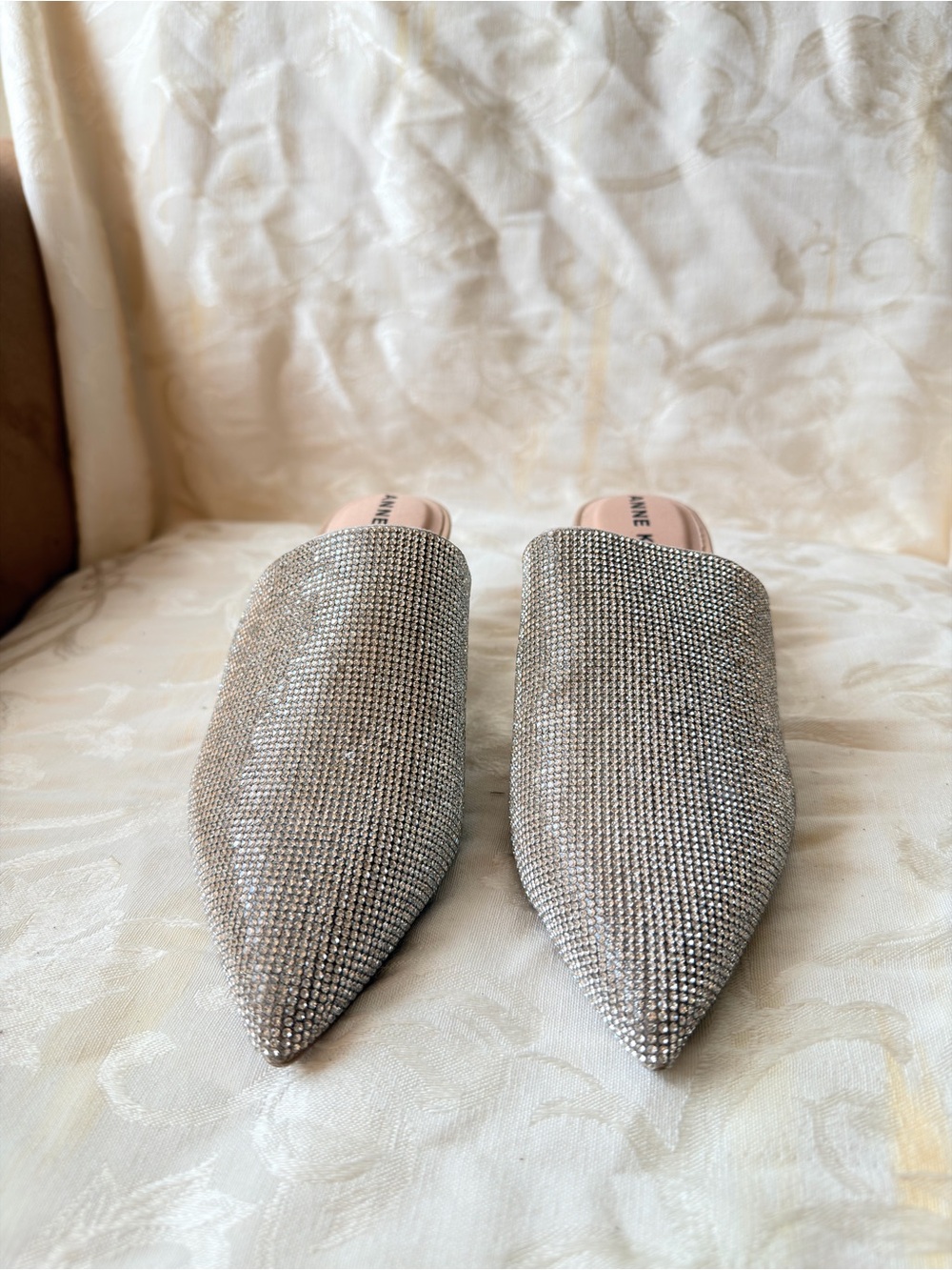 Anne Klein Silver Rhinestone Pointed-Toe Slip-On Mules